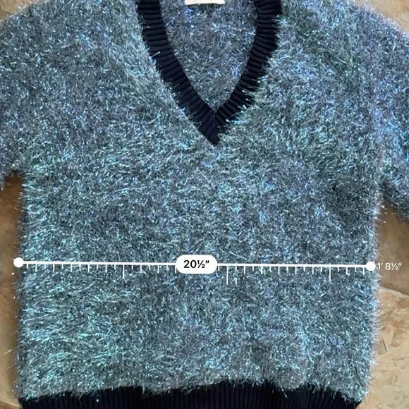 Tory Burch Women's Metallic Fuzzy V-Neck Sweater in Blue and Dark Navy